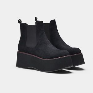 DOLLS KILL black platform Chelsea ankle bootie with red stitching SUEDE